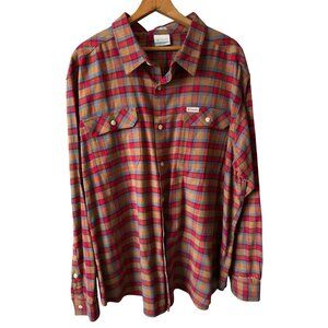 Columbia Button Up Flannel Shirt Red & Blue Plaid Cotton Regular Fit Size XXL